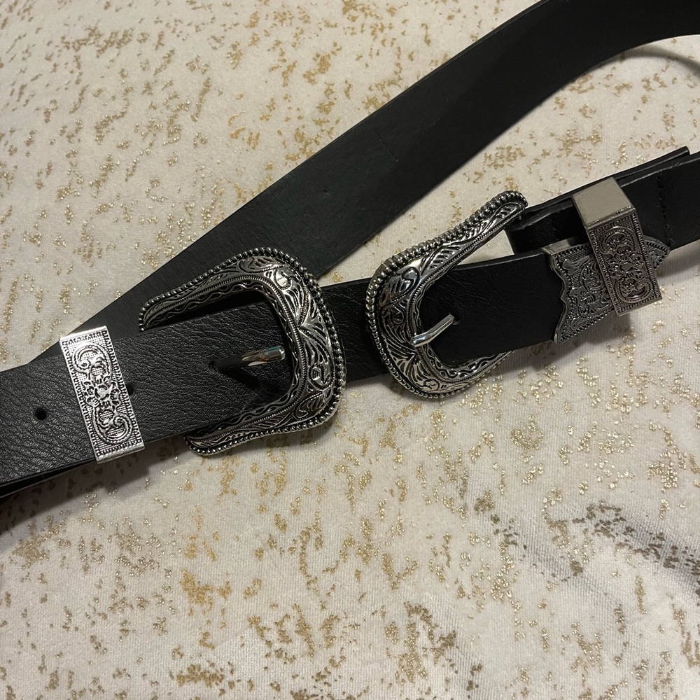 Black Leather Belt with Silver Buckle